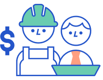 dollar sign and two people, one in hard hat and one in tie