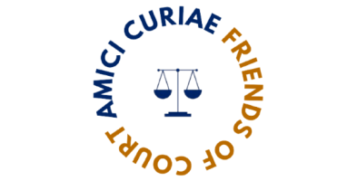 Logo with the text "Amici Curiae" in blue and "Friends of Court" in brown forming a circular border around a blue scale of justice in the centre.