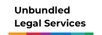 Logo of the website with "Unbundled Legal Services" in black on a white background with a horizontal stripe of various colors at the bottom.