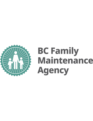 Logo features a circular emblem with a stylized illustration of a family — an adult figure flanked by two children. The name "BC Family Maintenance Agency" is to the right. 