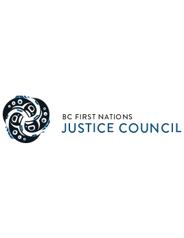 Logo shows three fish forming a circle in the Pacific coast Indigenous art style, in black, teal, and white. To the right are the words “BC FIRST NATIONS” in black, above the much larger words “JUSTICE COUNCIL” in teal.