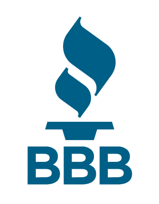 Logo of the Better Business Bureau featuring a stylized blue torch above the letters "BBB" in bold blue text.