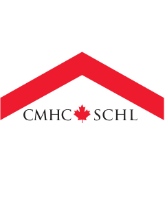 Logo features a red chevron shape resembling a rooftop above the acronym "CMHC" and its French equivalent "SCHL," with a small maple leaf in between the two acronyms.