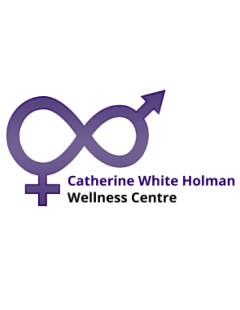 The logo features a stylized infinity symbol, with the female symbol joined to the infinity symbol on the bottom left, and the male symbol joined to the infinity symbol on the top right. The words "Catherine While Holman Wellness Centre" are to the right of the female symbol.