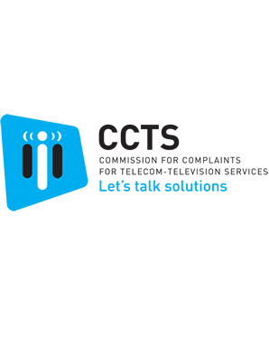 Logo features a blue icon resembling a person with signal waves emanating from the head, symbolizing communication. Beside the icon, the text "CCTS Commission for Complaints for Telecom-Television Services" with the tagline "Let's talk solutions" underneath.