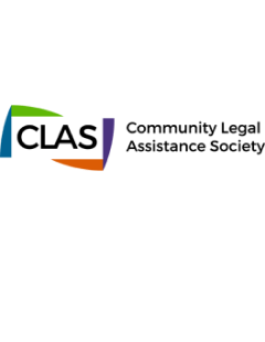 Logo of the Community Legal Assistance Society, featuring a workmark in black text with a colorful abstract design on the left around another wordmark "CLAS" consisting of blue, green, purple, and orange shapes.