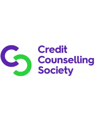 Logo features interlocking purple and green curved lines to the left of the text "Credit Counselling Society" in purple.