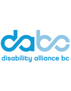 Logo featuring the letters “d” and “a” combined to make a stylized infinity symbol in dark blue, and to the right the letters “b” and “c” combined to make a stylized infinity symbol in light blue. Below this are the words “disability alliance bc” in light blue.