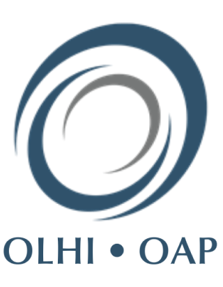 Logo features blue and grey curved lines forming an oval shape, with the “OLHI” and “OAP” in blue below the shape.