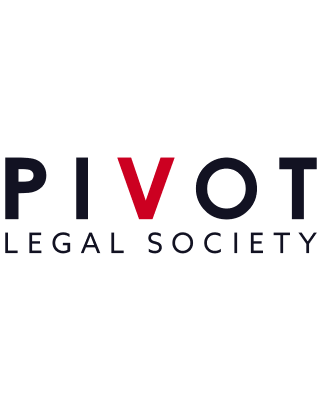 Logo features the word “PIVOT” in black other than the V, which is red. Under this are the words “legal society.”