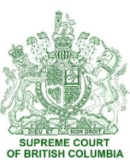 Green and white emblem featuring a detailed coat of arms with a lion and a unicorn flanking a shield, and the text "Supreme Court of British Columbia" beneath it.
