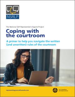 Thumbnail of the booklet cover with a photo of a woman typing on a laptop. The cover also has the National Self-Represented Litigants Project logo and the Canadian Bar Association logo.