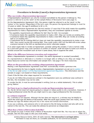 Thumbnail of the first page of the fact sheet, which starts with information about who can revoke a representation agreement. The NIDUS logo is at the top of the page.