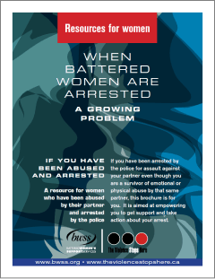 Thumbnail of the cover with the title an, an image of overlapping silhouettes of women facing each other, and the Battered Women’s Support Services logo. The colours are dark blues and greens.