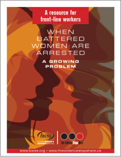 Thumbnail of the cover with the title an, an image of overlapping silhouettes of women facing each other, and the Battered Women’s Support Services logo. The colours are orange and brown.