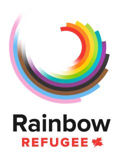Logo features a curved design in rainbow colours, including pink, blue, brown, and black, and the organization name, with a red maple leaf after the name.