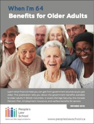 Front cover of the booklet featuring a smiling group of diverse older adults and a description about financial and government benefits available to seniors in British Columbia.