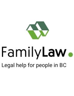 Logo with a green geometric design resembling two peaks of a roof that is repeated upside-down, above the text "FamilyLaw" in black with the tagline "Legal help for people in BC" below.