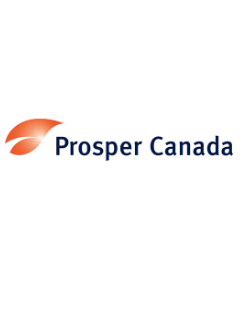 Logo of Prosper Canada, featuring an orange leaf-like design to the left of the organization's name written in dark blue text.