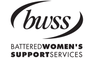 Logo featuring the letters "bwss" in an italic font, in black, with curved black lines swooping round the upper left and lower right. Below this are the words "BATTERED WOMEN'S" in black, with the word "WOMEN'S" in a bold font. Below this are the words "SUPPORT SERVICES" in black, with the word "SUPPORT" in a bold font.