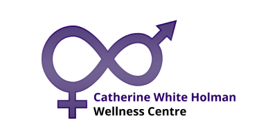 The logo features a stylized infinity symbol, with the female symbol joined to the infinity symbol on the bottom left, and the male symbol joined to the infinity symbol on the top right. The words "Catherine While Holman Wellness Centre" are to the right of the female symbol.