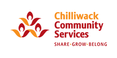 Logo with three orange and red stylized tulips, with “Chilliwack” in orange and “Community Services” in red. The words “share, grow, belong” are in small red letters at the bottom.