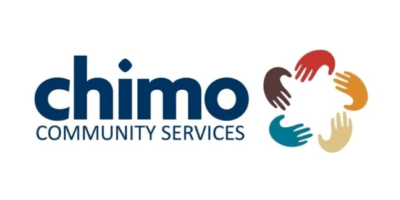 Logo with "chimo community services" in blue type, with "chimo" larger and above the other words. To the right, a circle made of five stylized hands. They are red, orange, yellow, blue, and brown, and the negative space between the hands resembles a star.