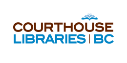 Logo features the text "COURTHOUSE" in brown capital letters on the top line and "LIBRARIES | BC" in blue capital letters on the bottom line. Above the text, there is an abstract design of an open book in blue and grey.