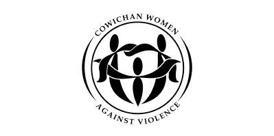 The logo features a circle in which three very stylized figures dance with their arms entwined. Around the top of the circle are the words "Cowichan Women" and around the bottom of the circle are the words "Against Violence."