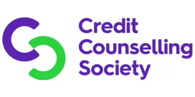 Logo features interlocking purple and green curved lines to the left of the text "Credit Counselling Society" in purple.