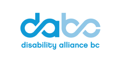 Logo featuring the letters “d” and “a” combined to make a stylized infinity symbol in dark blue, and to the right the letters “b” and “c” combined to make a stylized infinity symbol in light blue. Below this are the words “disability alliance bc” in light blue.