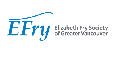 Logo featuring the letters “EFry” in a calligraphy font, with a curved line rising from the top of the “E” to a slight curve down past the “y,” all coloured dark blue. To the right are the words “Elizabeth Fry Society” above the words “of Greater Vancouver,” in dark grey.