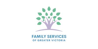 The logo features a stylized pale purple tree with green leaves over the words, in blue, "Family Services of Greater Victoria."