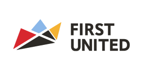 The logo consists of four triangles and one quadrilateral arranged to resemble a three peaked mountain range. They are red, blue, yellow, and black. To the right is the word “FIRST” and under that is the word “UNITED,” in black letters.
