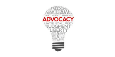  The image shows a lightbulb-shaped word cloud with the word "ADVOCACY" prominently displayed in red at the center. Other words in the cloud, which are grey, include "LAW," "LIBERTY," "JUDGMENT," "FREEDOM," "COURT," "SENTENCE," "LEGAL," and "LAWYER."