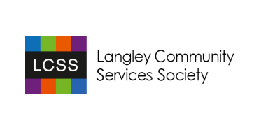 The logo features the letters “LCSS” in white on a black background, above and below which are four coloured squares. The squares are blue, green, orange, and purple. To the right are the words “Langley Community Services Society” in black.