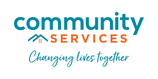 Logo with “community” in large blue letters above “SERVICES” in smaller orange letters, with the roof and windows of a stylized house to the left. Below are the words “Changing lives together.”