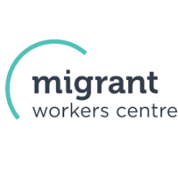 Logo featuring the outline of a semi circle, coloured turquoise. Inside the semi circle is the word "migrant" in large black letters, and below that are the words "workers centre" in smaller black letters.