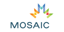 Logo with “MOSAIC” in dark blue letters, above which is the outline of the Canadian flag’s maple leaf made out of three letter “M”s, in orange, blue, and green.