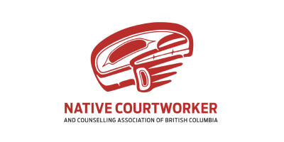 Logo featuring a stylized totem animal head in Pacific coast Indigenous art style, coloured red. Below are the words “NATIVE COURTWORKER” in large red letters. Below these are the words “AND COUNSELLING ASSOCIATION OF BRITISH COLUMBIA” in small black letters.