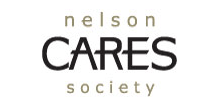 The logo features the word "CARES" in large, bold black letters in the centre. Above "CARES," the word "nelson" is written in smaller, light brown letters. Below "CARES," the word "society" is also written in smaller, light brown letters.