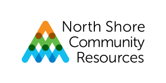 Logo with one orange, two green, and three blue inverted Vs combined to make a large inverted V representing a mountain, and "North Shore Community Resources" to the right in black text.