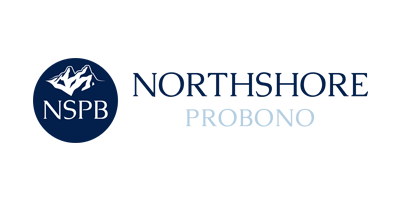 The logo features white stylized mountains and the initials NSPB in a blue circle. Next to this circle are the words "Northshore Probono."