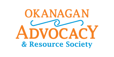 Logo features “OKANAGAN” in orange text above a blue line, and “ADVOCACY” in orange text above “& Resource Society” in blue text.