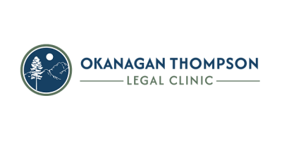 Logo is a blue circle in which there’s a line drawing of mountains, with the sun overhead and a pine tree in the foreground. The words “Okanagan Thompson Legal Clinic” are to the right.