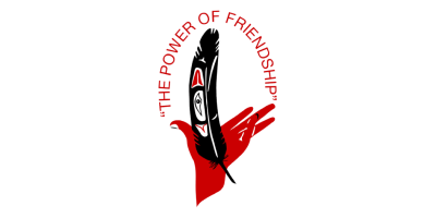 Logo features a red hand holding a stylized black feather with red and white Indigenous art details, and the words “the power of friendship” in an arc over the feather in red text.