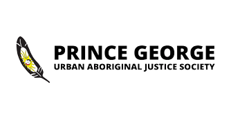The logo features a stylized feather on the left, which is black with yellow, red, and white decorative elements. To the right of the feather, the text "PRINCE GEORGE" is written in bold, black capital letters. Below "PRINCE GEORGE," the words "URBAN ABORIGINAL JUSTICE SOCIETY" are written in smaller, black capital letters.
