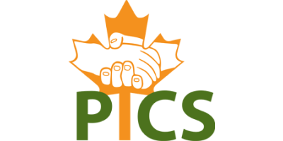 Logo features an orange maple leaf inside of which is an image of a handshake. The letters “PICS” are under the maple leaf, the “I” forming the stem of the leaf. The other letters are green.