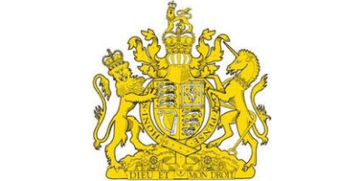 Yellow emblem featuring a detailed coat of arms with a lion and a unicorn flanking a shield.