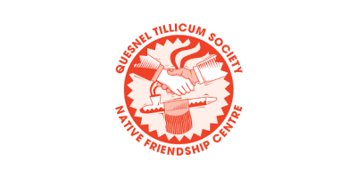 The logo features a circular design with a red border and text. Inside the circle, there are three stylized red hands holding various traditional tools and symbols. The text "QUESNEL TILLICUM SOCIETY" arcs around the top of the circle, and "NATIVE FRIENDSHIP CENTRE" arcs around the bottom, all in red capital letters.